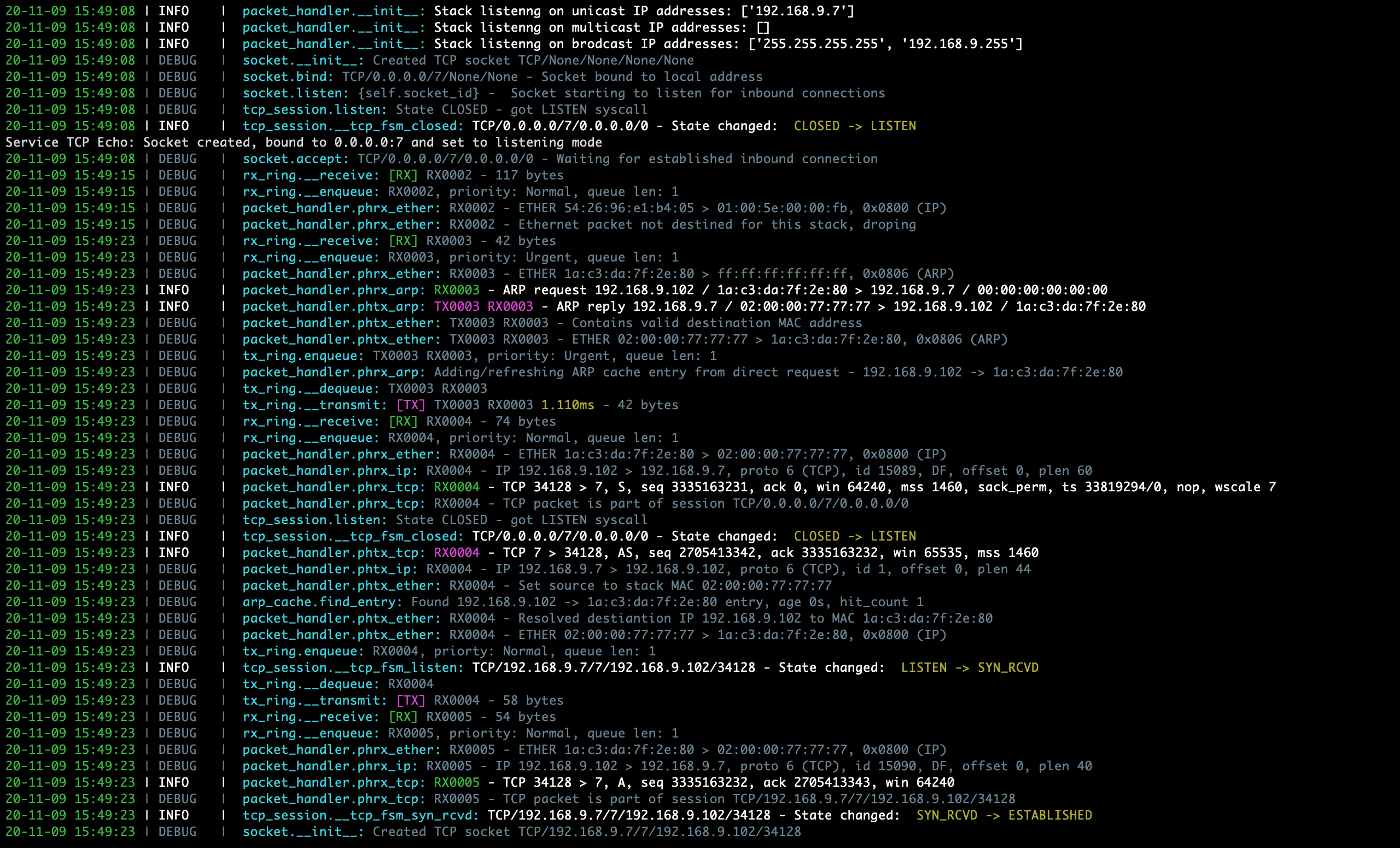 Sample PyTCP log output