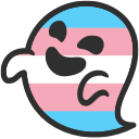 A happy ghost coloured in the trans flag