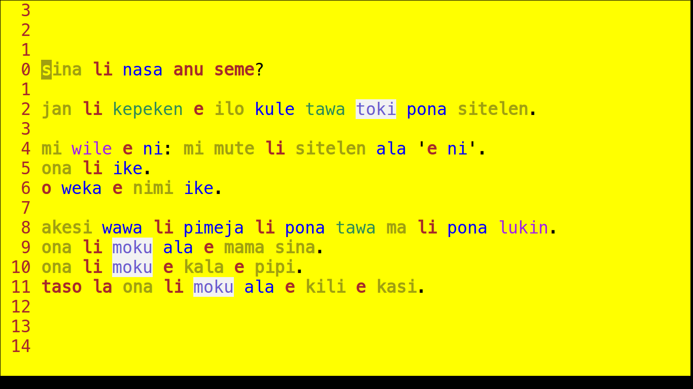 Toki Pona text highlighted in Vim