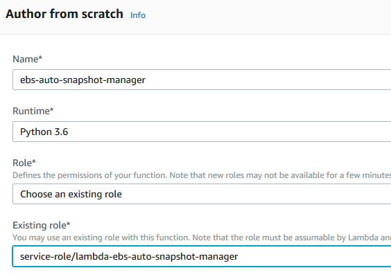 Lambda Create Function Sample Screen