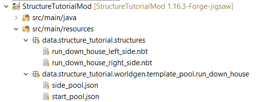 Image of the folder layout for Structure Tutorial Mod which shows the structure nbt files are inside data.structure_tutorial.structures which is inside src/main/resources