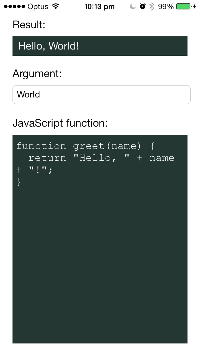 Demo: calling JavaScript function from Objective-C with JavaScriptCore framework in iOS.