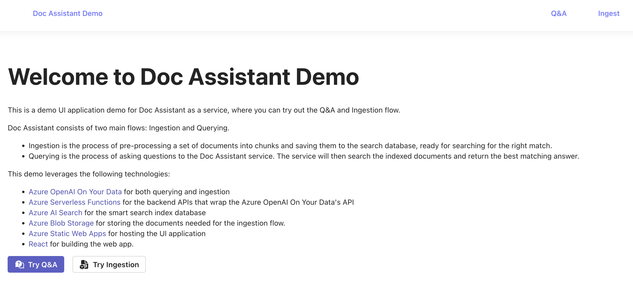 Screenshot of the Doc assistant demo homepage