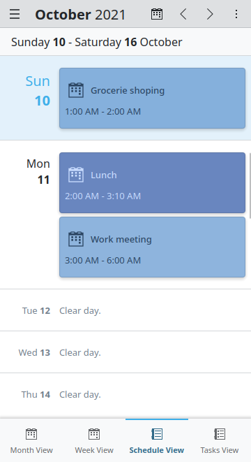 Screenshot of Merkuro calendar's schedule view on mobile