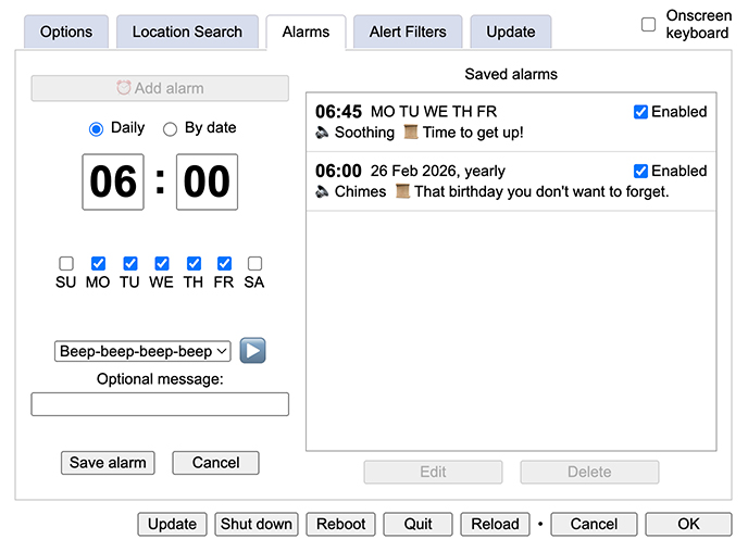 user settings screenshot - alarms