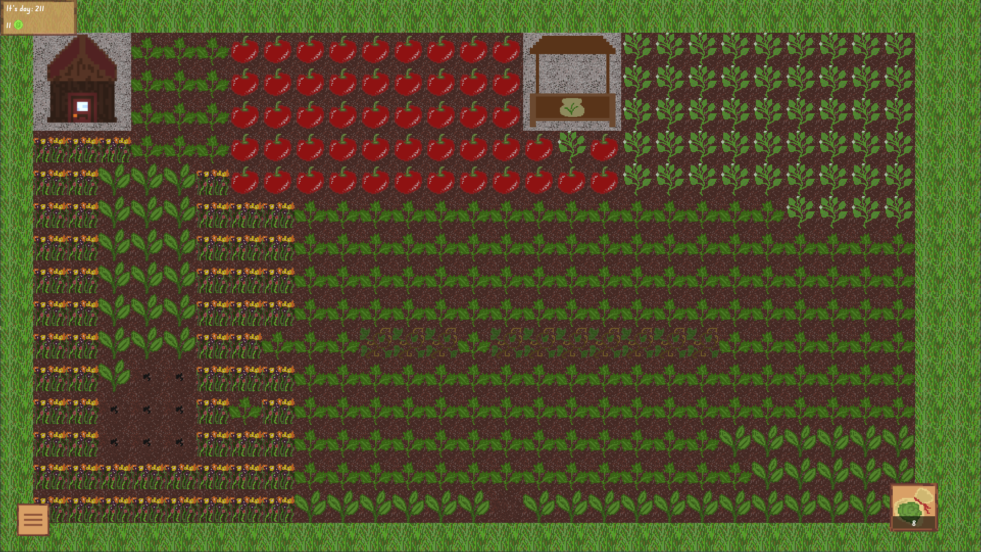 In game Screenshot, big field with grown tomatos and flowers.