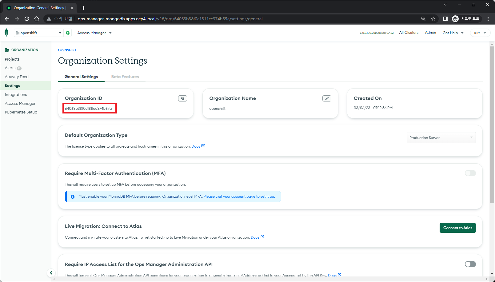 MongoDB - OpsManager: Organizations ID #2