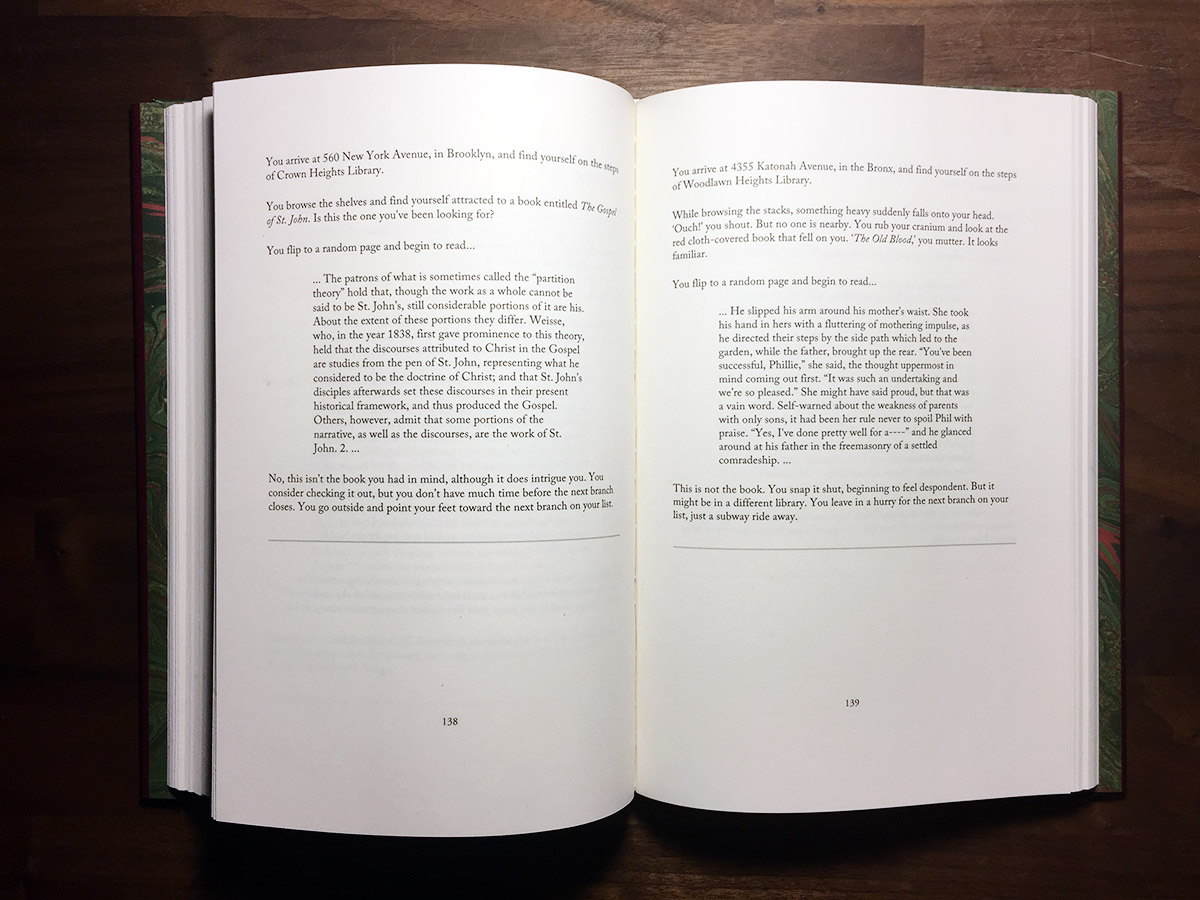 Slim hardback book open to two pages of text