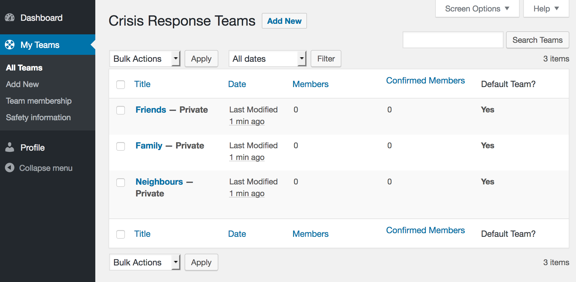 Screenshot of "My Teams" page after registration.