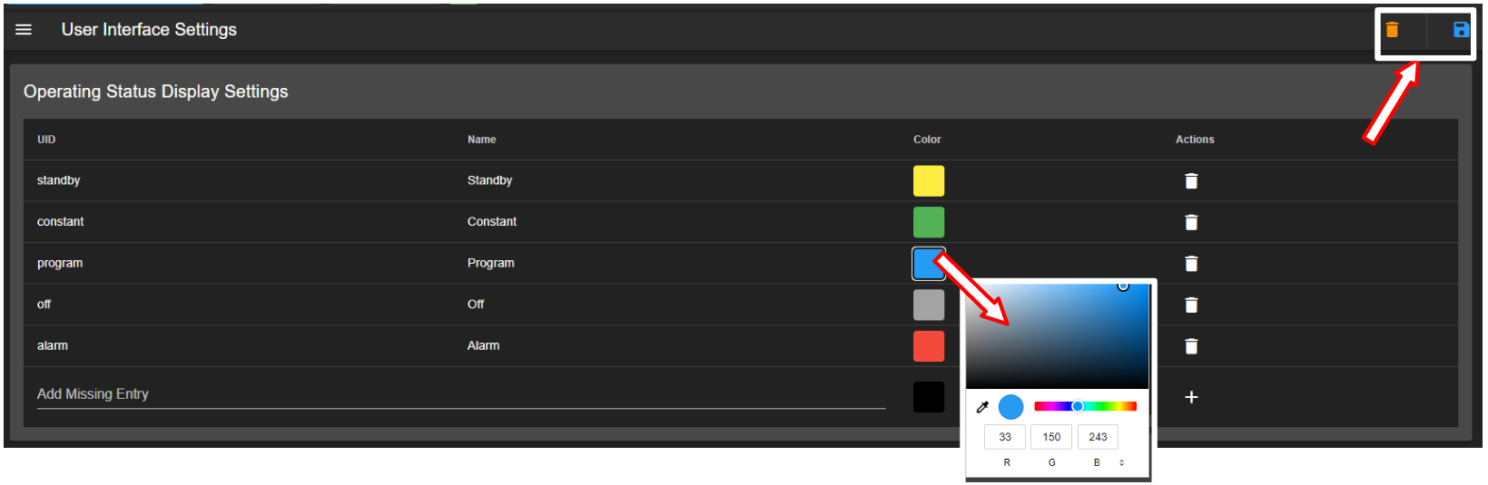 Personalize the Operating Status for the user interface