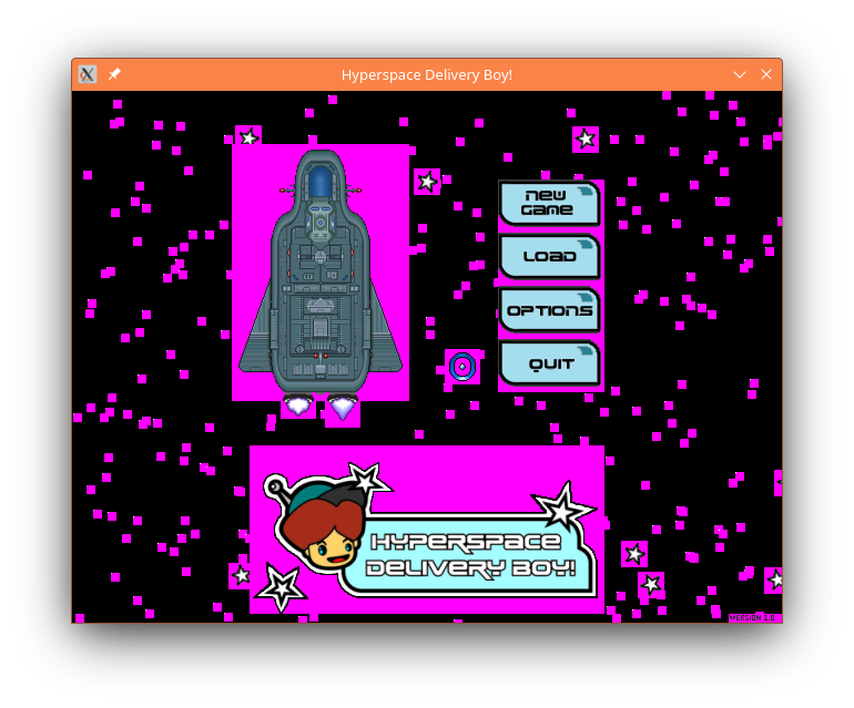 Screenshot of the HDB title screen under sdl12-compat, with everything surrounded by magenta boxes