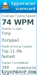 TypeRacer.com scorecard for user tonypai