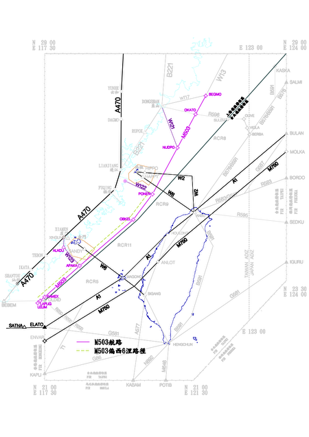 M503、W122与W123航线示意图。