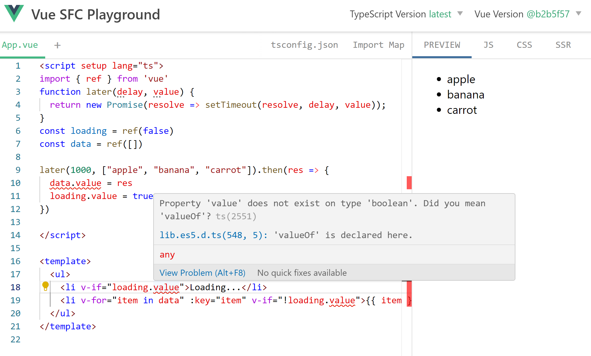 Property 'value' does not exist on type 'boolean'. Did you mean 'valueOf'?