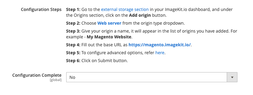 Origin Configuration Steps as shown on Extension Settings Page