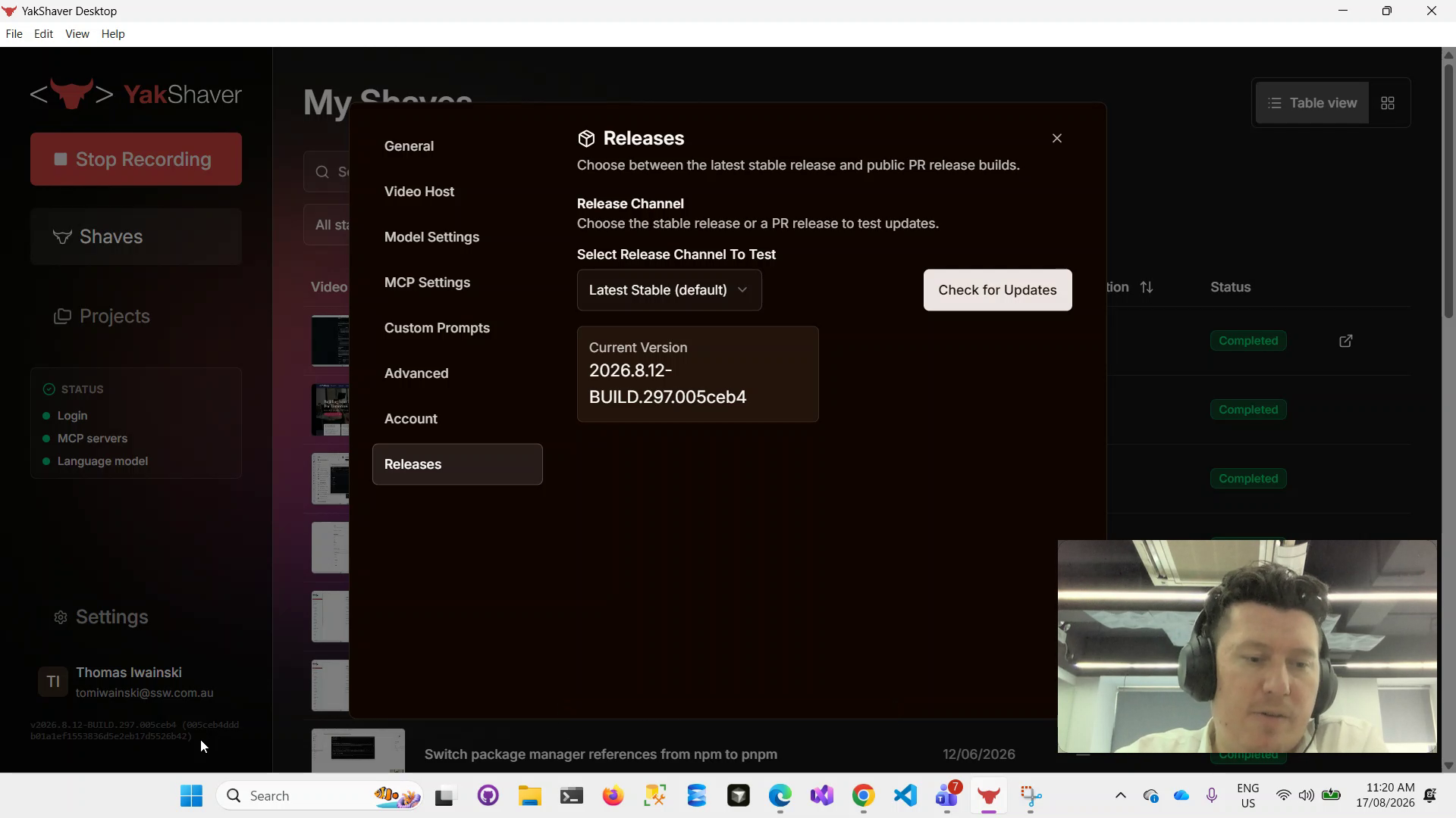 Screenshot showing version/build displayed on the main page under the account details