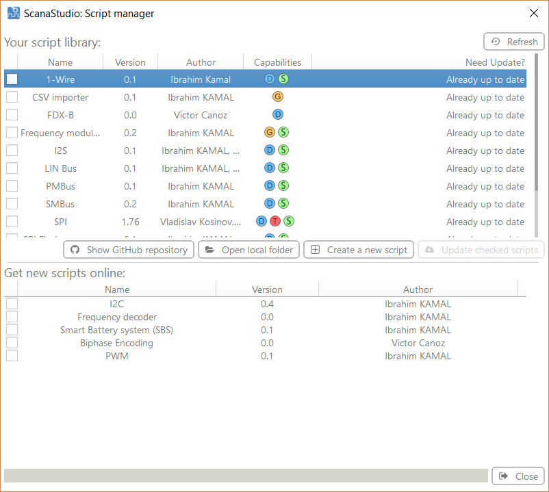 Script manager in ScanaStudio
