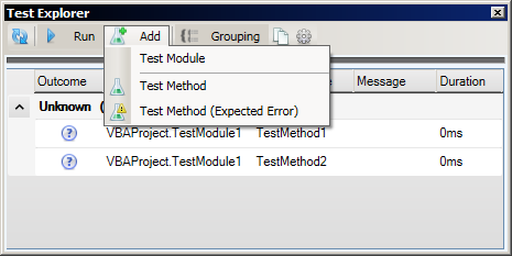 Test Explorer 'Add' menu