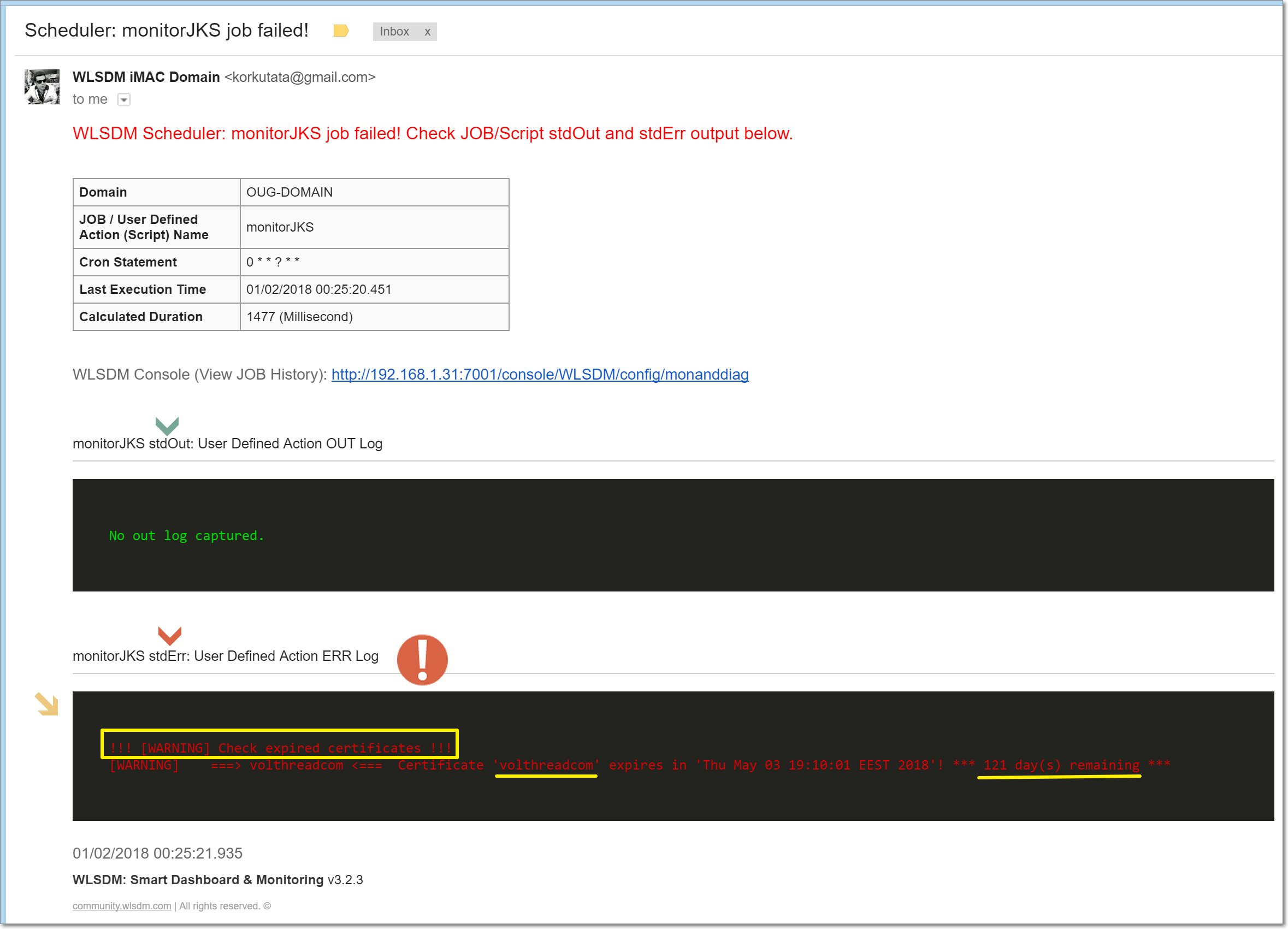 JKS Certificate Expiry Date Warning: WLSDM for WebLogic Scheduler HTML Email Notification