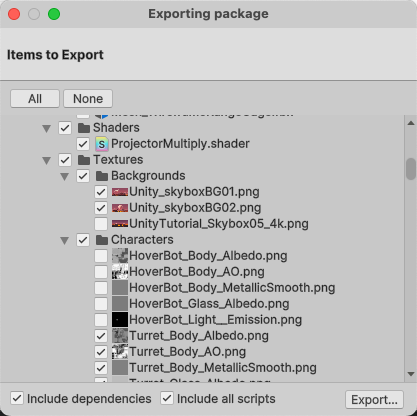 export package settings