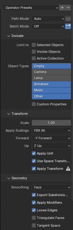 FBX dialog box settings