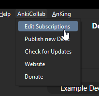 A cursor hovering over the Edit Subscriptions button on the AnkiCollab toolbar tab in Anki.