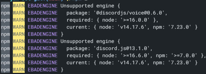 unsupported engine warnings from discord.js