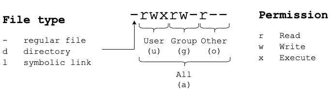 Linux file type - regular file, d directory, l symbolic link; scope u user, g group, o other, a all; permissions r read, w write, x execute