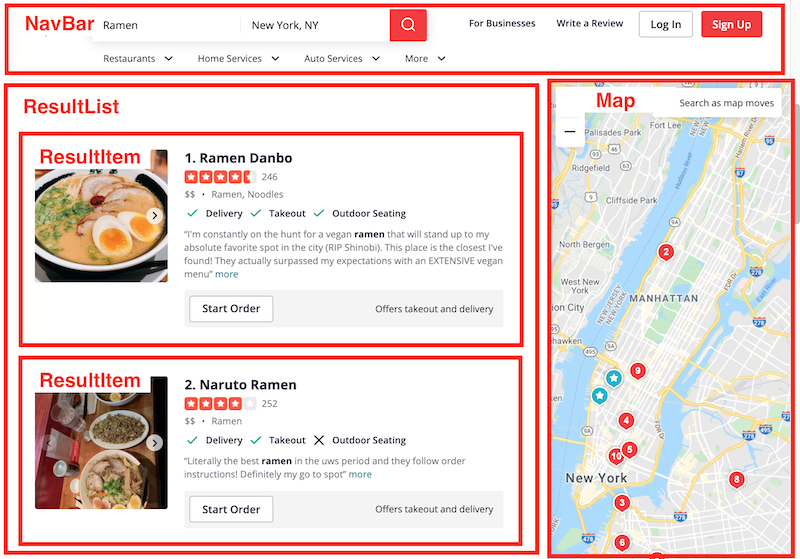 yelp website showing components