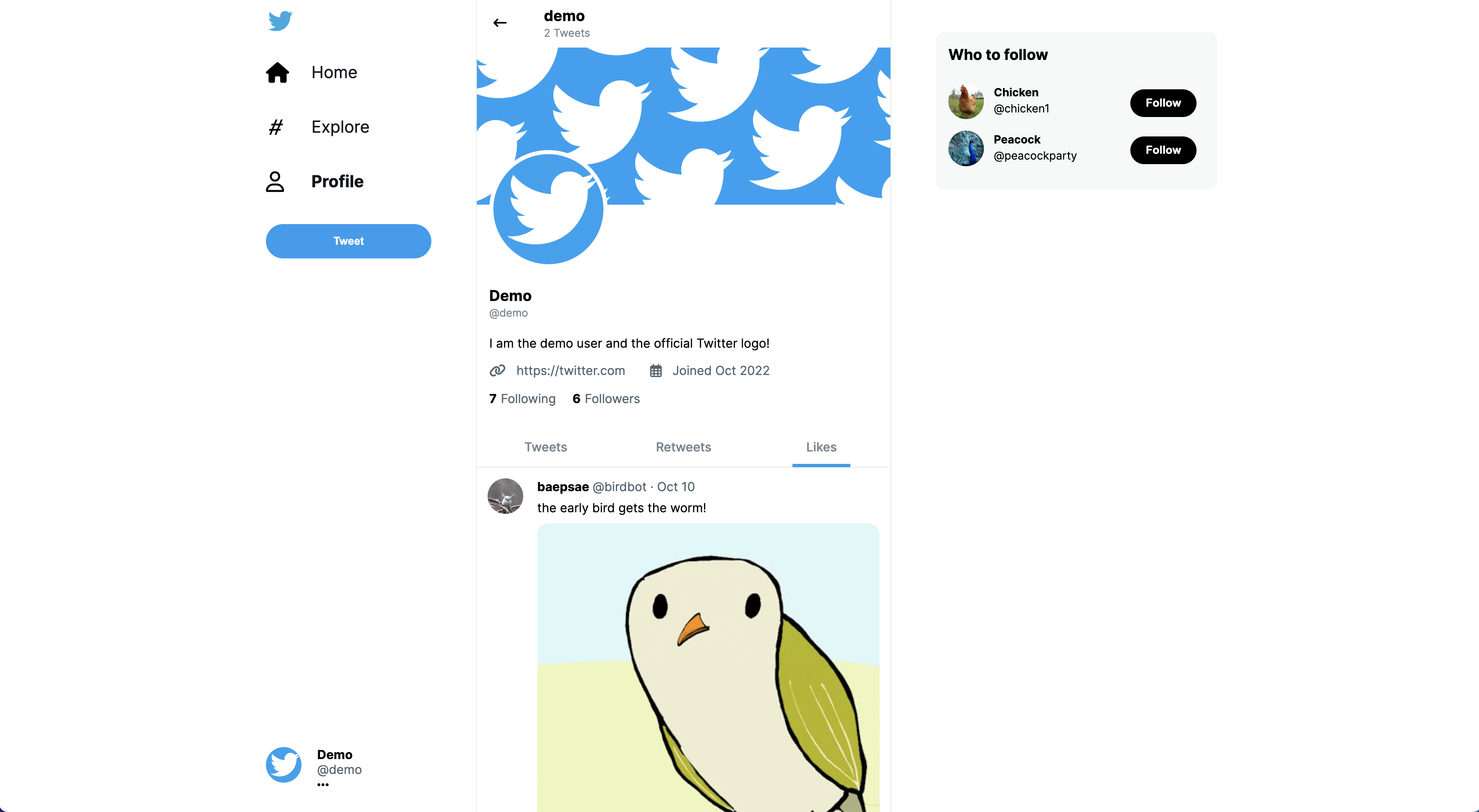 Logged User Home page that showcases the user's tweets, retweets and liked tweets