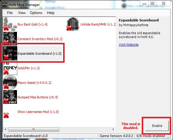 Open HoN Mod Manager and click 'enable' for the 'Expandable Scoreboard' mod.