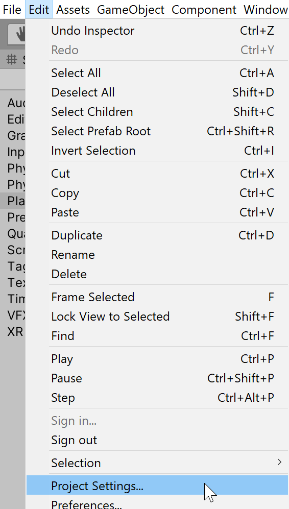 Project Settings context menu