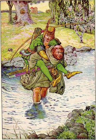 The friar took Robin on his back by Louis Rhead 1912.png