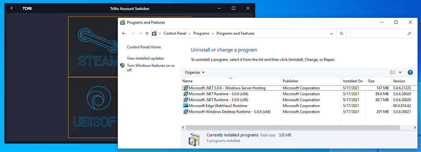 Image of Control Panel showing required runtimes, but not Microsoft Edge Browser