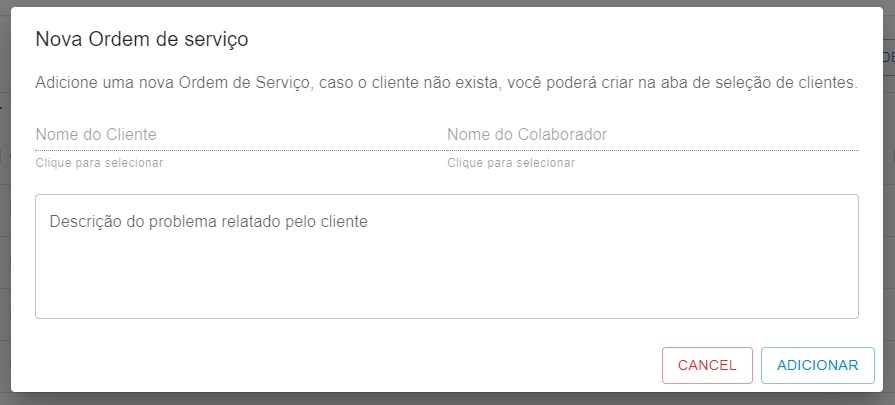 Adicionar Nova Ordem de serviço - Visão Gestor