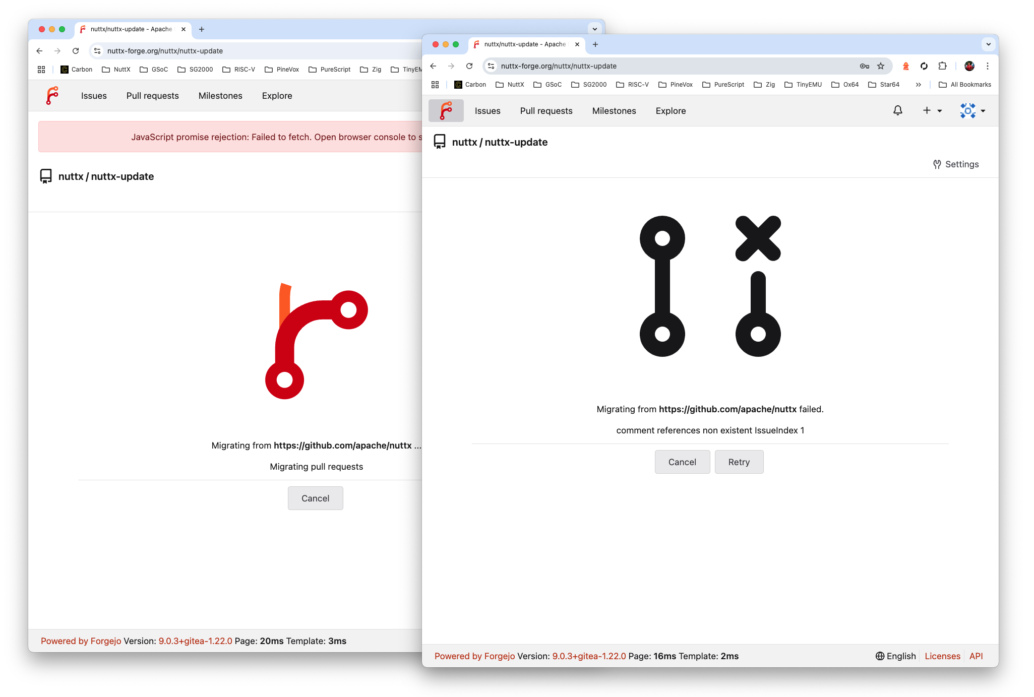 Don't select Issues and Pull Requests! Forgejo will hang forever, hitting errors