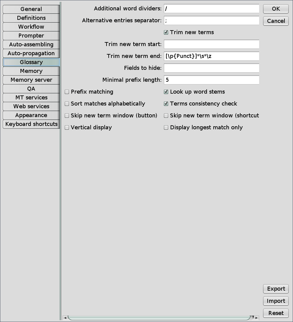 Glossary pane