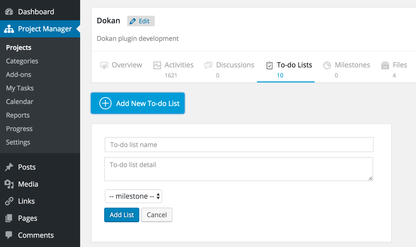 View all To-do List and to-do's. See progress on each to-do list. Task assigned to user, due date, comment count and completed to-do's. 