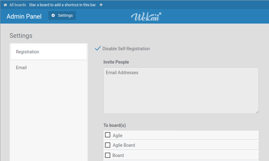 Wekan Admin Panel registration disable screenshot