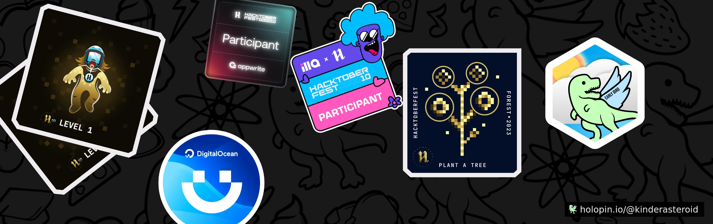 An image of @kinderasteroid's Holopin badges, which is a link to view their full Holopin profile