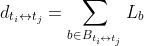 d_{t_i \leftrightarrow t_j} = \sum_{b \in B_{t_i \leftrightarrow t_j}} L_b