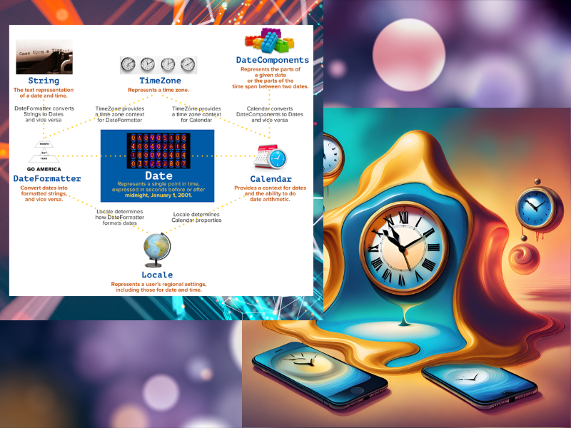 “Hero” images from the articles — Swift date/time class diagram for part 1, and a Dali-esque melting clocks and iPhones for part 2.