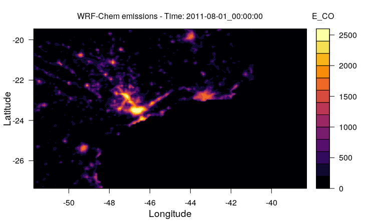 WRF-Chem emisisons of CO (t/y)