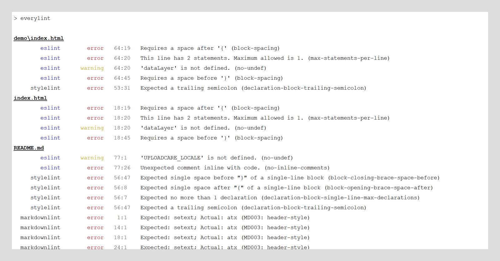 Everylint show results for all linters for all files to the console report