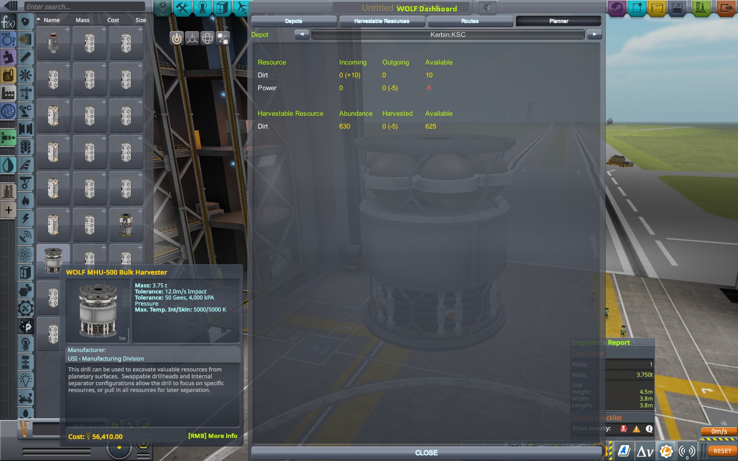 VAB scene showing WOLF Dashboard open on Planning pane with a WOLF MHU-500 Bulk Harvester added as the first piece of the vessel under construction