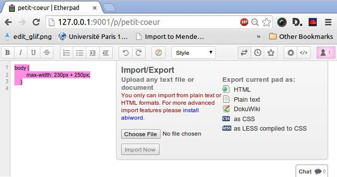 Screenshot of Etherpad with the export functionality