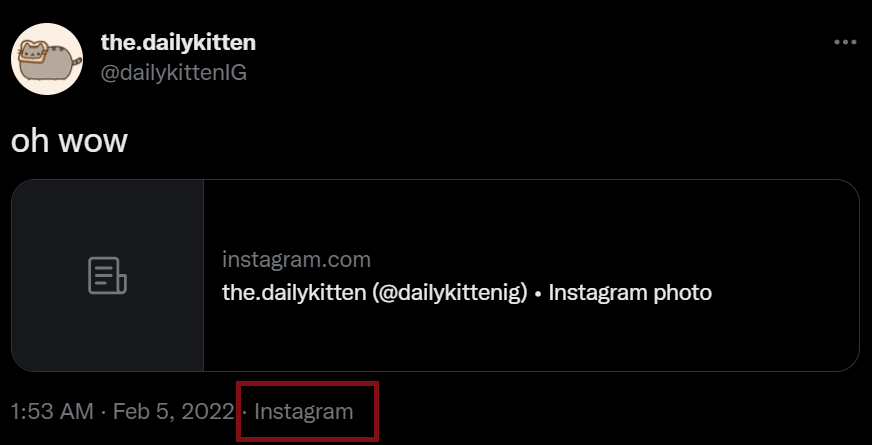 Sharing an Instagram post to Twitter directly from the Instagram app. Only a link appears.
It could be literally anything, nobody will click it.