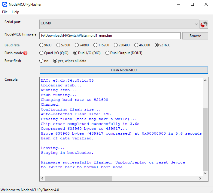 NodeMCU-pyflasher configuration