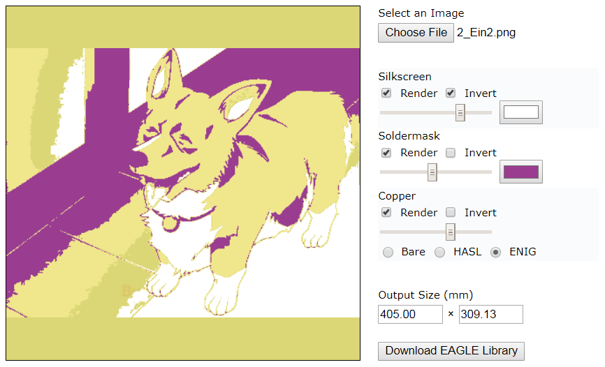 Drawing of a Pembroke Welsh Corgi processed through a threshold function and presented in gold, white and purple