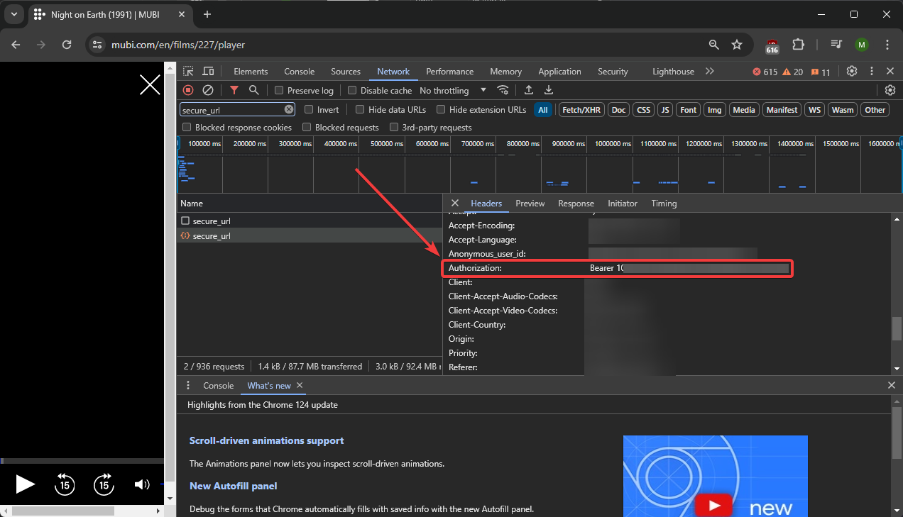 Showing where to find AUTH bearer and movie ID